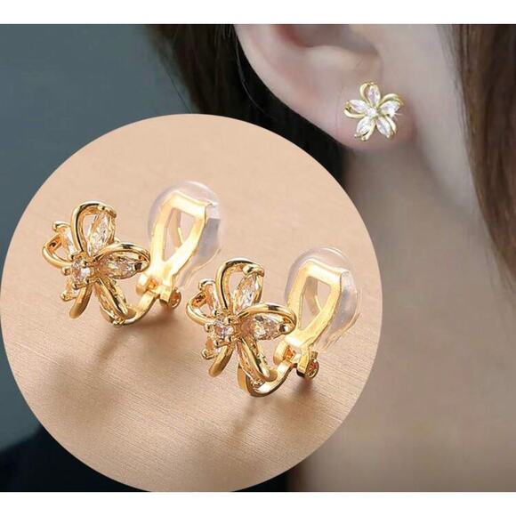 Clip on 1/2" small gold clear stone flower button style earrings - Picture 1 of 4